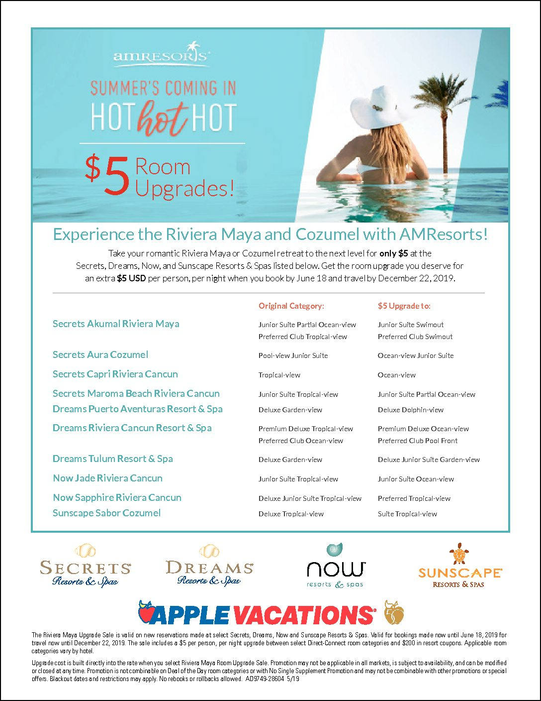 Doylestown Travel $5 Upgrade room promotion at your favorite resorts SECRETS | Dreams | NOW | ZOETRY